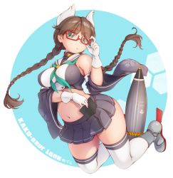 Rule 34 | 1girl, adjusting eyewear, animal ears, arched back, armored boots, azur lane, bare shoulders, book, boots, braid, breasts, brown hair, character name, copyright name, covered erect nipples, detached sleeves, deto, full body, glasses, gloves, highres, impossible clothes, kako (azur lane), large breasts, long hair, looking at viewer, microskirt, midriff, navel, open book, pleated skirt, red-framed eyewear, sailor collar, school uniform, semi-rimless eyewear, serafuku, skirt, solo, stomach, thighhighs, twin braids, under-rim eyewear, very long hair, white gloves, white thighhighs, wide sleeves, zettai ryouiki