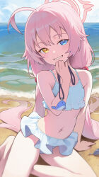 Rule 34 | 1girl, absurdres, ahoge, arm support, beach, bikini, blue archive, blue eyes, frilled bikini, frills, hair between eyes, hair bobbles, hair ornament, halo, heterochromia, highres, hoshino (blue archive), hoshino (swimsuit) (blue archive), long hair, looking at viewer, merong (sou47897), on ground, pink hair, pink halo, sitting, smile, swimsuit, very long hair, white bikini, yellow eyes