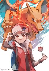 Rule 34 | 1boy, backpack, bag, baseball cap, blue bag, brown eyes, brown hair, charizard, closed mouth, coat, commentary request, creatures (company), fire, game freak, gen 1 pokemon, hand on headwear, hat, high collar, looking at viewer, male focus, nintendo, open clothes, open coat, poke ball, poke ball (basic), pokemon, pokemon (creature), pokemon masters ex, red (pokemon), red (sygna suit) (pokemon), red coat, shirt, short hair, sleeveless, sleeveless coat, sumeragi1101, wristband