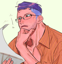 Rule 34 | 1boy, beard stubble, blue hair, chanko neru, collared shirt, facial hair, glasses, hand on own chin, head rest, holding, holding paper, iceburg, male focus, mature male, mustache stubble, one piece, orange shirt, paper, pectoral cleavage, pectorals, purple lips, reading, rectangular eyewear, shirt, short hair, simple background, solo, striped clothes, striped shirt, stubble, translated, undercut, upper body, yellow background