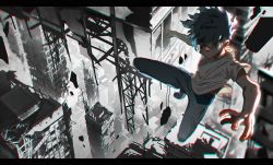 Rule 34 | 1boy, aura, black hair, building, chromatic aberration, city, floating, floating hair, glowing, glowing eyes, highres, kageyama shigeo, letterboxed, male focus, meipu hm, mob psycho 100, pants, psychic, rubble, shirt, shoes, solo, spiked hair, telekinesis, white shirt