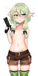 Rule 34 | 10s, 1girl, alternate weapon, artist logo, belt, black ribbon, blush, breasts, commentary, cowboy shot, cowfee, elf, english commentary, goblin slayer!, green eyes, green hair, groin, gun, hair between eyes, hair ribbon, handgun, high elf archer (goblin slayer!), highres, looking at viewer, navel, nipples, pointy ears, puffy shorts, ribbon, short hair with long locks, short shorts, shorts, sidelocks, simple background, small breasts, solo, sweatdrop, thighhighs, topless, trigger discipline, watermark, weapon, white background