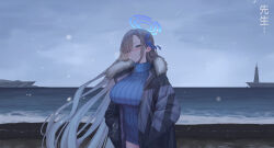 Rule 34 | 1girl, absurdres, asuna (blue archive), beach, blue archive, blue eyes, blue halo, blue ribbon, blue sweater, blush, breasts, coat, commentary request, cowboy shot, fur-trimmed coat, fur trim, hair over one eye, hair ribbon, halo, hands in pockets, highres, horizon, large breasts, light brown hair, long hair, long long life, long sleeves, ocean, open clothes, open coat, open mouth, outdoors, ribbed sweater, ribbon, smile, solo, sweater, water