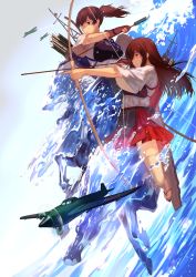 Rule 34 | 10s, 2girls, aircraft, airplane, akagi (kancolle), arrow (projectile), bow, bow (weapon), brown eyes, brown hair, drawing bow, expressionless, gloves, hair over one eye, holding, holding bow (weapon), holding weapon, joseph lee, kaga (kancolle), kantai collection, long hair, multiple girls, muneate, outstretched arm, partially fingerless gloves, partly fingerless gloves, quiver, sandals, shirt, side ponytail, skirt, thighhighs, water, weapon, white legwear, yugake
