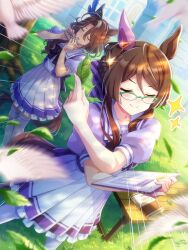 Rule 34 | 2girls, absurdres, animal ears, bird, blurry, blurry foreground, blush, book, breasts, brown hair, closed eyes, closed mouth, ear covers, glass, grass, hair between eyes, hair ornament, highres, holding, holding leaf, holding tablet pc, horse ears, horse girl, horse tail, instrument, leaf, medium breasts, medium hair, multiple girls, ocarina, official art, royce and royce (umamusume), school uniform, single ear cover, smile, sounds of earth (umamusume), tablet pc, tail, thighhighs, tracen school uniform, umamusume