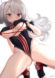 Rule 34 | 1girl, azur lane, blush, breasts, cleavage, commentary request, competition swimsuit, gloves, groin, highres, long hair, looking at viewer, medium breasts, megumi kei, mole, mole under eye, one-piece swimsuit, red eyes, silver hair, simple background, sitting, solo, swimsuit, thighs, u-410 (azur lane), underboob, white background