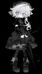 Rule 34 | 1girl, black background, black dress, black footwear, black headdress, black sleeves, black thighhighs, black umbrella, boots, chain, colored skin, commentary request, commission, dress, expressionless, frilled dress, frills, full body, gothic lolita, grey eyes, highres, lolita fashion, meyou 0319, original, puffy short sleeves, puffy sleeves, short sleeves, solo, standing, thighhighs, umbrella, white hair, white skin