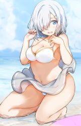 Rule 34 | 10s, 1girl, bad id, bad pixiv id, bikini, bikini skirt, bikini top only, blue eyes, blush, breasts, cleavage, curvy, hair ornament, hair over one eye, hairclip, hamakaze (kancolle), highres, icehotmilktea, kantai collection, kneeling, large breasts, looking at viewer, open mouth, short hair, silver hair, skirt, solo, swimsuit, white bikini, wide hips