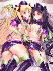 Rule 34 | 2girls, ass, bad id, bad twitter id, belt, bikini, bikini pull, black hair, black ribbon, blonde hair, boots, breasts, closed mouth, clothes pull, cosplay, crotch, earrings, elbow gloves, ereshkigal (fate), fate/grand order, fate (series), florence nightingale (fate), florence nightingale (fate) (cosplay), florence nightingale (trick or treatment) (fate), frontal wedgie, garrison cap, gloves, gluteal fold, green bikini, green gloves, green legwear, hair ribbon, hand in own hair, hat, hip focus, hoop earrings, ishtar (fate), jewelry, layered bikini, light smile, long hair, looking at viewer, medium breasts, microskirt, multiple girls, navel, official alternate costume, on bed, orange eyes, parted bangs, pink belt, pink bikini, purple hat, purple legwear, purple skirt, red eyes, red ribbon, revealing clothes, ribbon, short sleeves, shrug (clothing), skirt, swimsuit, thigh boots, thighhighs, thighhighs under boots, thighs, tohsaka rin, two side up, very long hair, wedgie, yaoshi jun
