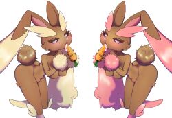 Rule 34 | 2girls, :3, alternate color, animal nose, arched back, black sclera, blush, body fur, breasts, brown fur, carrot, collarbone, colored sclera, creatures (company), female focus, food, furry, furry female, game freak, gen 4 pokemon, half-closed eyes, hanayon, hands up, highres, holding, holding food, holding vegetable, knees together feet apart, leaning forward, leg up, licking, long ears, looking at viewer, lopunny, medium breasts, multiple girls, nintendo, open mouth, pink eyes, pink fur, pokemon, pokemon (creature), rabbit ears, rabbit girl, rabbit tail, saliva, sexually suggestive, shiny and normal, shiny pokemon, simple background, standing, standing on one leg, symmetry, thighs, tongue, tongue out, two-tone fur, vegetable, white background, yellow fur