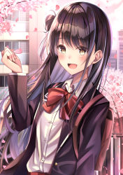 Rule 34 | 1girl, :d, black hair, black jacket, blazer, blush, bow, bowtie, brown eyes, collared shirt, dress shirt, hair between eyes, highres, jacket, long hair, long sleeves, multicolored hair, open clothes, open jacket, open mouth, original, outdoors, petals, red bow, red bowtie, school uniform, shirt, silver hair, smile, solo, standing, tsukasa tsubasa, two-tone hair, upper body, very long hair, white shirt, wing collar