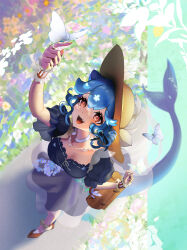 Rule 34 | 1girl, absurdres, bag, bao (vtuber), bao (vtuber) (6th costume), black shirt, blue butterfly, blue flower, blue hair, breasts, brown bag, brown footwear, bug, butterfly, butterfly on hand, cetacean tail, choker, fins, fish tail, flower, frilled cuffs, from above, hat, highres, indie virtual youtuber, insect, medium breasts, open mouth, purple flower, red eyes, shirt, short hair, skirt, sun hat, tail, virtual youtuber, white butterfly, white choker, wrist cuffs, yuarima2