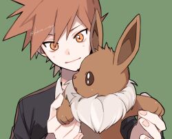 Rule 34 | 1boy, black jacket, blue oak, blush, brown hair, closed mouth, commentary request, creatures (company), eevee, game freak, gen 1 pokemon, green background, holding, holding pokemon, jacket, looking down, male focus, momotose (hzuu xh4), nintendo, orange eyes, pokemon, pokemon (creature), pokemon hgss, shirt, short hair, simple background, smile, spiked hair, twitter username, upper body, watermark