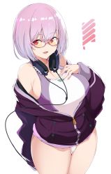 Rule 34 | 1girl, absurdres, arm behind back, breasts, cleavage, competition swimsuit, cowboy shot, glasses, gridman universe, hand on own chest, headphones, headphones around neck, highres, jacket, large breasts, looking at viewer, looking to the side, maruyaa (malya1006), off shoulder, one-piece swimsuit, open mouth, pink-framed eyewear, pink hair, purple jacket, red eyes, semi-rimless eyewear, shinjou akane, short hair, simple background, smile, solo, ssss.gridman, sunglasses, swimsuit, thighs, tinted eyewear, white background, yellow-tinted eyewear, yellow-tinted glasses, zipper
