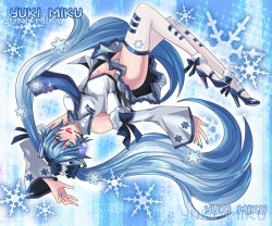 Rule 34 | 1girl, blue eyes, blue hair, cats-bee, character name, detached sleeves, hatsune miku, headset, high heels, long hair, matching hair/eyes, nail polish, navel, necktie, open mouth, panties, pantyshot, shoes, skirt, snowflakes, solo, striped clothes, striped panties, thighhighs, twintails, underwear, upskirt, very long hair, vocaloid, yuki miku