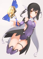 Rule 34 | 1girl, black hair, blue leotard, blue thighhighs, boots, brown eyes, cape, covered navel, detached sleeves, fate/kaleid liner prisma illya, fate (series), gluteal fold, hair ornament, hairclip, hechi (hechi322), legs up, leotard, long hair, magical sapphire, miyu edelfelt, outstretched hand, ribbon, showgirl skirt, thigh gap, thigh strap, thighhighs, twintails
