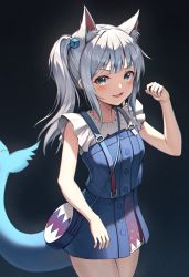 Rule 34 | 1girl, :d, absurdres, animal ears, bag, black background, blue bag, blue dress, blue eyes, blue hair, blush, cat ears, cowboy shot, dress, fang, fins, fish tail, gawr gura, gawr gura (casual), hair ornament, hand up, highres, hololive, hololive english, huge filesize, long hair, looking at viewer, multicolored hair, open mouth, pleated dress, sarika, shark tail, short dress, sleeveless, sleeveless dress, smile, solo, streaked hair, tail, teeth, virtual youtuber, white hair