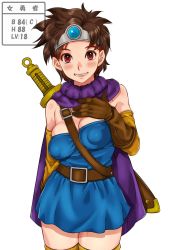 Rule 34 | 1girl, bare shoulders, belt, between breasts, blue dress, blush, breasts, brown gloves, brown hair, buckle, cape, circlet, cleavage, cowboy shot, dragon quest, dragon quest iii, dress, eyebrows, gloves, hand on own chest, heroine (dq3), highres, legs, looking at viewer, parted lips, puffy nipples, red eyes, roto (dq3), sakuradou, shiny skin, short hair, simple background, small breasts, smile, solo, standing, strapless, strapless dress, sword, thighhighs, thighs, weapon, white background, yellow thighhighs, zettai ryouiki