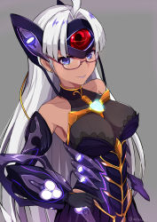 Rule 34 | 1girl, android, armpits, breasts, chest jewel, cyborg, forehead protector, gem, glasses, highres, large breasts, long hair, makibane (mkbane), purple eyes, solo, t-elos, t-elos re:, very long hair, xenoblade chronicles (series), xenoblade chronicles 2, xenosaga