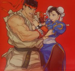 Rule 34 | 1boy, 1girl, black hair, breasts, brown eyes, brown hair, capcom, china dress, chinese clothes, chun-li, double bun, dougi, dress, earrings, food, gloves, grin, hair bun, headband, highres, jewelry, official art, pantyhose, pocky, ryu (street fighter), smile, standing, street fighter, tagme, thighs