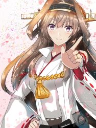 Rule 34 | 1girl, ahoge, black skirt, brown hair, commentary request, detached sleeves, double bun, frilled skirt, frills, hair bun, hairband, headgear, highres, index finger raised, japanese clothes, kantai collection, kongou (kancolle), kongou kai ni (kancolle), long hair, looking at viewer, one-hour drawing challenge, popped collar, purple eyes, ribbon-trimmed sleeves, ribbon trim, roko roko (doradorazz), skirt, solo