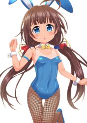 Rule 34 | 1girl, ahoge, animal ears, blue eyes, blue leotard, bow, bowtie, breasts, brown hair, detached collar, fake animal ears, fishnet pantyhose, fishnets, gluteal fold, highres, hinatsuru ai, leotard, long hair, looking at viewer, low twintails, pantyhose, playboy bunny, rabbit ears, ryuuou no oshigoto!, simple background, small breasts, solo, standing, tan, tanline, twintails, uosshi, white background, wrist cuffs, yellow bow, yellow bowtie