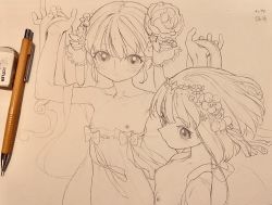 Rule 34 | 2girls, art tools in frame, bare shoulders, blush, breasts, clothes down, eraser, flat chest, flower, graphite (medium), greyscale, hair flower, hair ornament, hands up, highres, kaede (shijie heping), long hair, looking at viewer, mechanical pencil, medium hair, monochrome, multiple girls, original, parted lips, pencil, photo (medium), ribbon, sketch, small breasts, traditional media, twintails, upper body