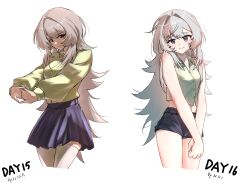 Rule 34 | 1girl, absurdres, arknights, bare shoulders, blue skirt, blush, commentary request, dated, gaoling gangqin, green vest, grey eyes, highres, long hair, long sleeves, looking at viewer, midriff, mulberry (arknights), multiple views, shirt, shorts, simple background, skirt, smile, very long hair, vest, white background, white hair, yellow shirt