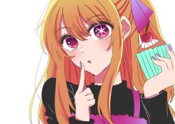 Rule 34 | 1girl, black shirt, blonde hair, cake, cherry, commentary request, cupcake, double-parted bangs, eyelashes, fingernails, food, fruit, hair ribbon, hands up, head tilt, highres, holding, holding cake, holding food, hoshino ruby, index finger raised, long bangs, long hair, long sleeves, looking at viewer, nail polish, one side up, oshi no ko, parted lips, portrait, purple eyes, purple nails, purple ribbon, purple shirt, ribbon, shirt, sleeveless, sleeveless shirt, solo, star-shaped pupils, star (symbol), symbol-shaped pupils, whipped cream, white background, xto4k
