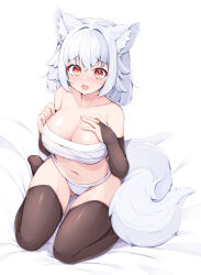 Rule 34 | 1girl, :o, animal ear fluff, animal ears, black thighhighs, blush, breasts, bridal gauntlets, cleavage, commentary request, elbow gloves, fang, from above, gloves, grey hair, hand on own chest, hands up, inubashiri momiji, large breasts, looking at viewer, medium hair, navel, no headwear, on bed, open mouth, pink eyes, rururiaru, sarashi, simple background, sitting, skin fang, solo, tail, thighhighs, touhou, wariza, white background, wolf ears, wolf tail