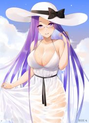 Rule 34 | 1girl, alternate costume, bare arms, bare shoulders, black bow, blush, bow, breasts, cleavage, cloud, cloudy sky, collarbone, commentary request, cowboy shot, dated, day, dress, fate/stay night, fate (series), glasses, groin, hand in own hair, hand up, hat, hat bow, highres, large breasts, long hair, looking at viewer, medusa (fate), medusa (rider) (fate), no panties, outdoors, parted bangs, parted lips, purple eyes, purple hair, rimless eyewear, see-through, skirt hold, sky, sleeveless, sleeveless dress, smile, solo, straight hair, sun hat, sundress, thigh gap, thighs, wet, wet clothes, wet dress, white dress, white hat, yueguang zhanglang
