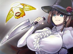 Rule 34 | 1girl, blue eyes, braid, breasts, brown hair, charlotte corday (fate), charlotte corday (third ascension) (fate), fate/grand order, fate (series), frills, grin, halo, hat, holding, holding knife, knife, large breasts, monster, revision, short hair, smile, solo, taichi (kinkakuginkaku63), wings