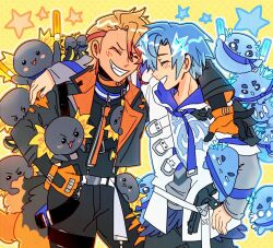 Rule 34 | 2boys, altventurer (regis altare), arms on another&#039;s shoulder, axel syrios, axelotl (axel syrios), axolotl, black gloves, blonde hair, blue collar, blue hair, braid, closed eyes, collar, commentary, curtained hair, english commentary, facing another, gloves, grin, happy, holostars, holostars english, hood, hoodie, layered sleeves, long sleeves, male focus, ministarfruit, multicolored hair, multiple boys, orange collar, orange gloves, outline, red hair, regis altare, short hair, short over long sleeves, short sleeves, side braid, slime (creature), smile, streaked hair, teeth, upper body, virtual youtuber, white hoodie, white outline, yellow background