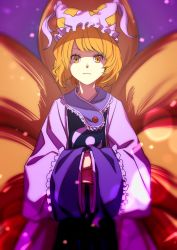 Rule 34 | 1girl, animal hat, blonde hair, commentary request, dress, fox tail, hands in opposite sleeves, hat, highres, kamabokopic, long sleeves, looking at viewer, mob cap, multiple tails, purple background, short hair, solo, tabard, tail, touhou, upper body, white dress, white hat, yakumo ran, yellow eyes