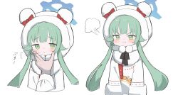 Rule 34 | 1boy, 1girl, :i, puff of air, absurdres, animal hood, blue archive, blush, coat, green eyes, green hair, halo, haramaki (haranomaki), highres, hood, hood up, long hair, long sleeves, looking at viewer, momiji (blue archive), multiple views, parted lips, pom pom (clothes), pout, shirt, simple background, solo focus, upper body, white background, white coat, white shirt