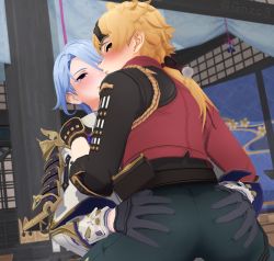 Rule 34 | 2boys, armor, artist request, ass, ass grab, blonde hair, blue eyes, blue hair, blush, deep skin, from behind, genshin impact, gloves, highres, kamisato ayato, long hair, looking at viewer, looking back, looking down, multiple boys, naughty face, pants, ponytail, smile, yaoi
