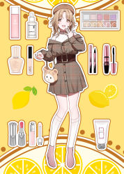 Rule 34 | 1girl, :d, alternate costume, bag, braid, brown hair, cosmetics, dress, food, fruit, full body, hand to own mouth, handbag, highres, ichikawa hinana, idolmaster, idolmaster shiny colors, kneehighs, lemon, long sleeves, looking at viewer, maou (demonlord), nail polish, off-shoulder dress, off shoulder, open mouth, outline, parted bangs, plaid, plaid dress, shoes, sleeveless, sleeveless sweater, sleeves past wrists, smile, socks, solo, sweater, twintails, yellow background