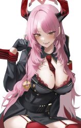 Rule 34 | 1girl, between breasts, black gloves, black jacket, blue archive, blush, breasts, coin, demon horns, detached collar, fangs, gloves, halo, highres, holed coin, horns, jacket, large breasts, long hair, looking at viewer, messy hair, military uniform, mole, mole on breast, necktie, necktie between breasts, o cha (seyc3447), pendulum, pink hair, red garter straps, red necktie, red thighhighs, satsuki (blue archive), simple background, smile, solo, thighhighs, uniform, very long hair, white background, wrist cuffs