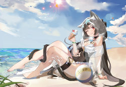 Rule 34 | 1girl, ;q, absurdres, animal ear fluff, animal ears, arm support, asymmetrical clothes, barefoot, beach, bell, cat ears, cat girl, day, duzizai, eyewear on head, food, full body, highres, holding, holding food, hood, hood up, ice cream, ice cream cone, long hair, multiple tails, neck bell, one-piece swimsuit, one eye closed, original, outdoors, red eyes, see-through, sitting, solo, star-shaped eyewear, star (symbol), sun, sunlight, swimsuit, swimsuit cover-up, swimsuit under clothes, tail, tail around own leg, thigh strap, tongue, tongue out, transparent raincoat, two-tone swimsuit, two tails, very long hair