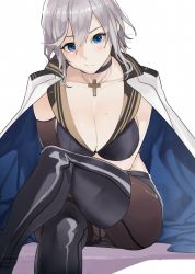 Rule 34 | 1girl, azur lane, black choker, black pantyhose, blue eyes, boots, breasts, check commentary, choker, cleavage, collarbone, commentary request, cross, cross necklace, crossed arms, grey hair, jacket, jacket on shoulders, jewelry, large breasts, midriff, military jacket, mole, mole on breast, necklace, ootani nonno, panties, panties under pantyhose, pantyhose, partial commentary, thigh boots, thighhighs, underwear, washington (azur lane)