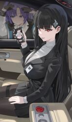 Rule 34 | 2girls, black bra, black gloves, black hair, black jacket, black pantyhose, black skirt, blue archive, blue eyes, blue hair, bra, breasts, car interior, cellphone, commentary request, condom, condom wrapper, gloves, halo, highres, holding, holding phone, hood (james x), jacket, large breasts, long hair, long sleeves, multiple girls, pantyhose, parted lips, phone, red eyes, rio (blue archive), sitting, skirt, smartphone, smile, solo focus, sweater, thigh strap, thighs, turtleneck, underwear, white sweater, yuuka (blue archive)