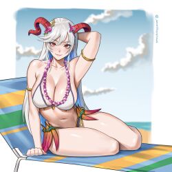 Rule 34 | 1girl, absurdres, arm support, arm up, armlet, armpit crease, armpits, beach chair, bikini, blue hair, blue sky, blurry, blurry background, blush, breasts, closed mouth, cloud, cloudy sky, collarbone, colored inner hair, commentary, commission, curled horns, english commentary, eyelashes, fire emblem, fire emblem heroes, flower, flower necklace, freyja (fire emblem), freyja (summer) (fire emblem), goat horns, gold trim, grey hair, hair between eyes, hair flower, hair ornament, highres, horns, jewelry, large breasts, long hair, looking at viewer, multicolored hair, navel, necklace, nintendo, on chair, outdoors, pink flower, purple flower, red eyes, red horns, seventeencrows, shadow, sidelocks, sitting, sky, smile, solo, stomach, swimsuit, thighs, twitter username, very long hair, white bikini