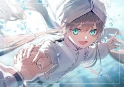 Rule 34 | 1boy, blue hair, blush, captain nemo (fate), fate/grand order, fate (series), gradient hair, green eyes, hat feather, highres, holding hands, jacket, light brown hair, long hair, long sleeves, looking at viewer, multicolored hair, nemo (fate), open mouth, smile, solo focus, tsuyukusa (eeta7273), turban, two-tone hair, underwater, white headwear, white jacket