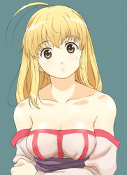 Rule 34 | 1girl, antenna hair, arc the lad, arc the lad ii, bad id, bad pixiv id, bare shoulders, blonde hair, breasts, brown eyes, cleavage, dress, female focus, hosi, lieza (arc the lad), long hair, simple background, solo