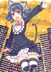Rule 34 | 10s, 1girl, animal ears, ashu, bell, black hair, blue eyes, bow, cat ears, cat tail, cyan (show by rock!!), drill hair, fang, hairband, jumping, long sleeves, musical note, open mouth, outstretched arm, quaver, shirt, show by rock!!, skirt, smile, solo, striped clothes, striped thighhighs, tail, thighhighs, treble clef, zettai ryouiki