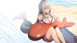 Rule 34 | 1girl, absurdres, arknights, bare legs, bare shoulders, beach, black choker, breasts, choker, cleavage, commentary, cup, drinking glass, feet out of frame, grin, hair between eyes, highres, holding, holding cup, long hair, no headwear, ocean, off-shoulder shirt, off shoulder, official alternate costume, red eyes, shirt, silver hair, sitting, skadi (arknights), skadi (waverider) (arknights), smile, solo, suiiryu, thighs, very long hair, white shirt