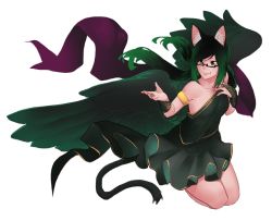 Rule 34 | 1girl, animal ear fluff, animal ears, armlet, bare shoulders, black-framed eyewear, black dress, black hair, bridal gauntlets, cat ears, cat tail, commentary, dress, english commentary, feathered wings, glasses, gradient hair, green eyes, green hair, hand on own chest, less, long hair, looking at viewer, multicolored hair, original, outstretched hand, rectangular eyewear, semi-rimless eyewear, simple background, smile, solo, tail, tharkis, twintails, under-rim eyewear, white background, wings