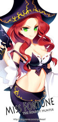 Rule 34 | 1girl, alternate costume, bare shoulders, breasts, character name, cleavage, english text, green eyes, gun, handgun, hat, league of legends, long hair, looking at viewer, midriff, miss fortune (league of legends), navel, opalheart, pirate hat, pistol, red hair, simple background, smile, solo, tricorne, watermark, weapon, web address, white background