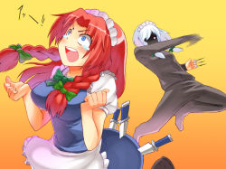 Rule 34 | 2girls, alternate costume, apron, bad id, bad pixiv id, bow, braid, cosplay, costume switch, enmaided, female focus, hair bow, hong meiling, izayoi sakuya, knife, long sleeves, maid, maid apron, maid headdress, multiple girls, open mouth, short sleeves, takeda kanryuusai, tears, throwing knife, touhou, track suit, twin braids, weapon