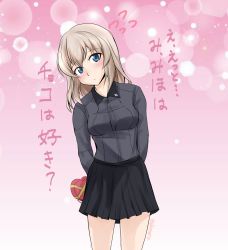 Rule 34 | 1girl, abimaru gup, black skirt, blue eyes, blush, box, closed mouth, commentary request, cowboy shot, dress shirt, flying sweatdrops, gift, gift box, girls und panzer, grey shirt, head tilt, heart-shaped box, highres, holding, holding behind back, holding gift, itsumi erika, kuromorimine school uniform, long sleeves, looking at viewer, medium hair, miniskirt, holding behind back, pink background, pleated skirt, school uniform, shirt, silver hair, skirt, solo, sparkle, standing, translated, twitter username, valentine, wing collar